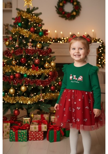 Kız Çocuk Snowman And Penguın Tüllü Yılbaşı Elbise Nbk-24915 Yeşil