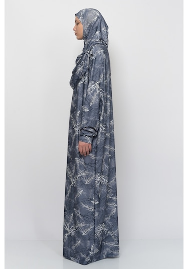 Pratik Tek Parça Ağaç Desenli Kollu Tak Çıkar Başörtülü Likralı Tesettür Namaz Elbisesi 990-0705 Gri Antrasit