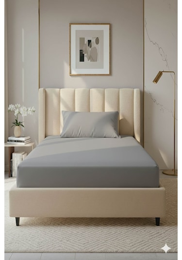 %100 Pamuk Ranforce Premium Tek Kişilik Lastikli Çarşaf Seti - Ko Koyu Gri