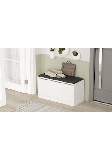 Comfort Puflu Minderli Oturaklı Ayakkabılık 3 Kapaklı Dolap Beyaz