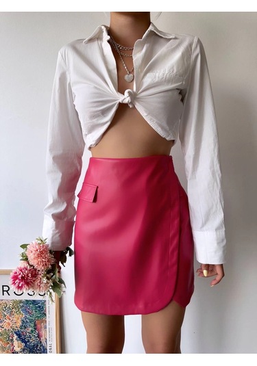 Cep Detaylı Oval Kapaklı Deri Etek Fuşya H240048 Fuşya