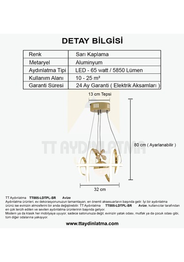 Tt005-ldtpl-sr Tt Ayd. Burgu Sarı Kaplama Toplu 3 Renk Led Avize SARI