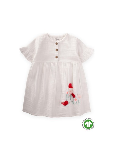 Cigit Organik Çiçek Nakışlı Elbise 1-6 Yaş Ekru Ekru