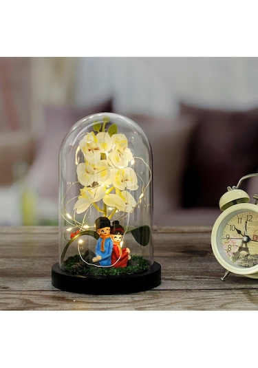 Mobgift Orkide Altında Romantik Çift Tasarımlı Işıklı Fanus Beya Beyaz