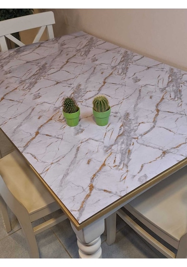 Kalın Pvc Masa Koruyucu 1.2 Mm Mika Örtü, 80 Cm En, Mermer Desen Altın