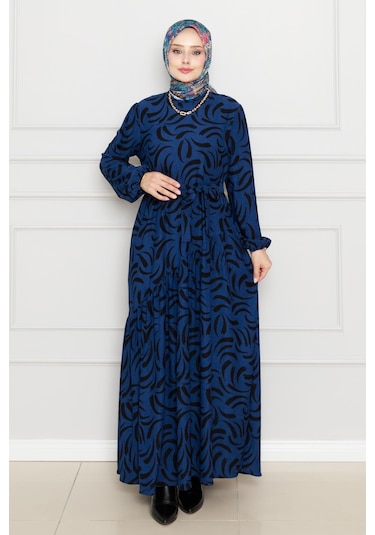 Beli Kuşaklı Çapraz Fırfırlı Lale Elbise-saks Mavi-4464 Saks Mavi