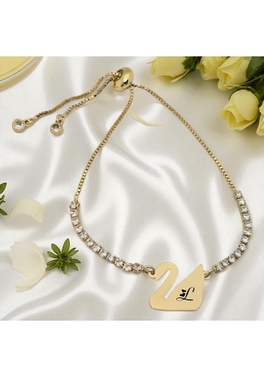 Archin L Harfine Özel 14 Ayar Altın Plakalı Beyaz Taş Detaylı Kuğu Kuşu Motifli Hediye Bileklik-601harf L