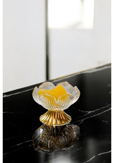 Gold Renk Metal Ayaklı Lotus Çiçeği Kahve Yanı Cam Drajelik Lokumluk Seti 6 Adet Sarı