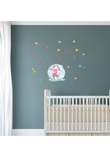 Renk Dans Eden Tek Boynuzlu At Duvar Sticker Sanatı Kendin Yap Yıldız Sticker Kreş Bebek Odası Dekorasyon Karikatür Ev Duvar Kağıdı 38 31cm Şeffaf