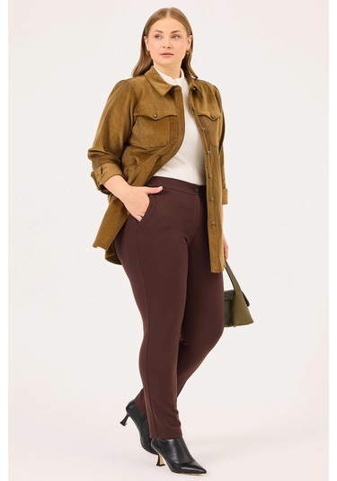 Galaxi Kadın Büyük Beden Düğmeli Bilek Boy Pantolon 4017 Kahverengi Kahverengi
