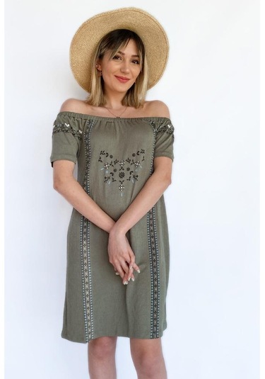 Kadın Bürümcük Desen Haki Elbise