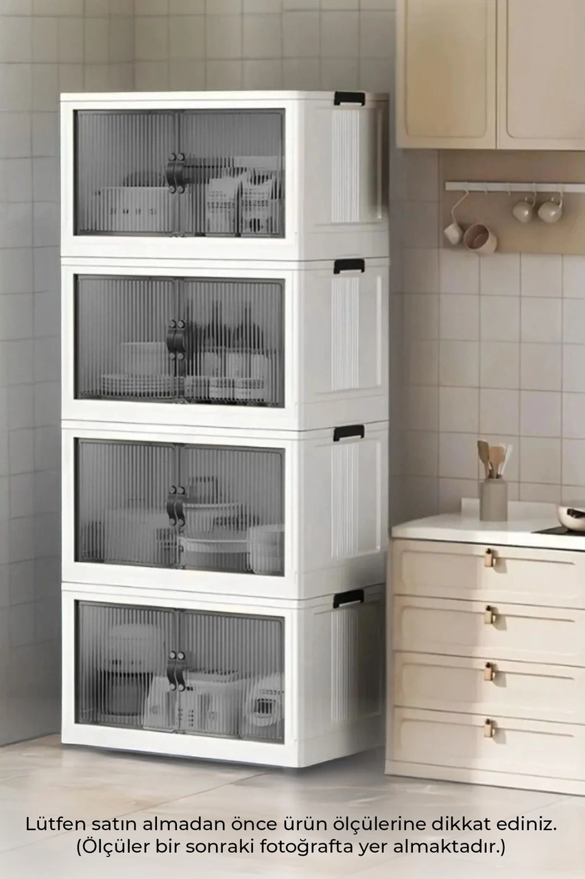 4'lü Portatif Istiflenebilir Organizer Mıknatıslı Kapaklı Dolap - Sert Plastik Mutfak Banyo Dolabı Beyaz