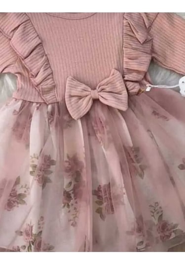 Kız Çocuk Gül Kurusu Çiçekli Tütülü Doğum Günü Hediye Özel Gün Abiye Günlük Prenses Şık Elbise Pembe