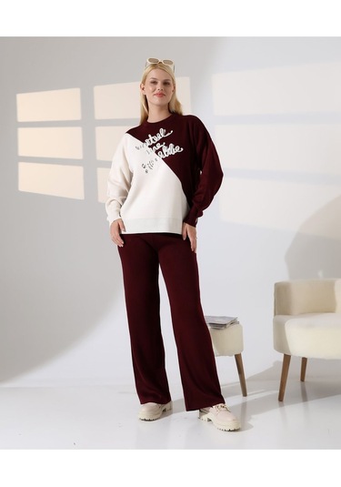 Renk Bloklu Triko Takım Bordo - Taş