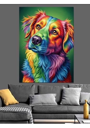 Canlı Renkli Köpek Portresi Dekoratif Kanvas - Mdf Ahşap Tablo