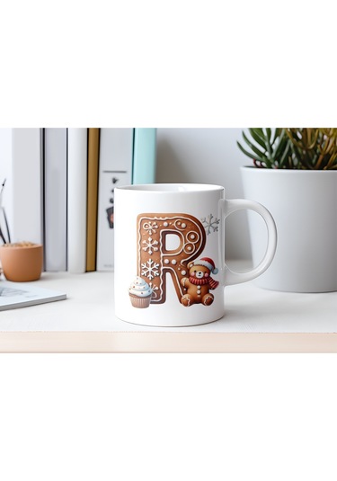 R Kurabiye Harf Ve Ayıcık Detaylı Kupa Bardak - Yeni Yıl / Yılbaşı Temalı Tasarım - Noel Hediye Beyaz