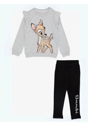 Kız Çocuk Pamuklu Ceylan Baskılı Eşofman Takım-15206 Gri