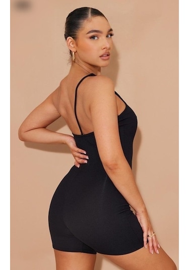 Soonaksesuar Kadın Asimetrik Askılı Mini Kaşkorse Bodycon Tulum Siyah