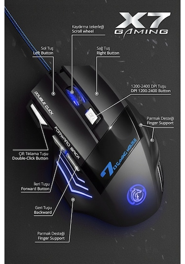 7635 X7 Rgb Led Işıklı Gaming Mouse / 7 Tuşlu Oyuncu Mouse / 800/1200/1600/2400 Dpı / Kumaş Kablo 7635