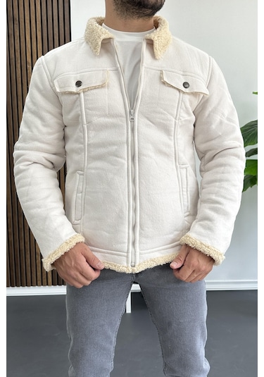 Erkek İçi Kürklü Suni Pul Deri Mont Beyaz Edw120-beyaz Beyaz