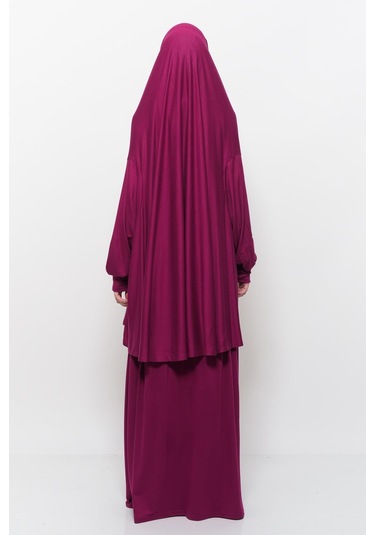 Pratik 2 Parça Pamuklu Yarasa Kollu Başörtülü Tesettür Namaz Elbisesi Koyu Fuşya Antrasit