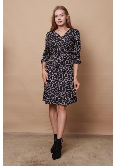 Kadın Hafif Likralı Yumuşak Dokulu Kumaş V Yaka Önü Düğümlü Eteği Volanlı Uzun Kol Diz Boy Elbise-lacivert Desen Lacivert D.