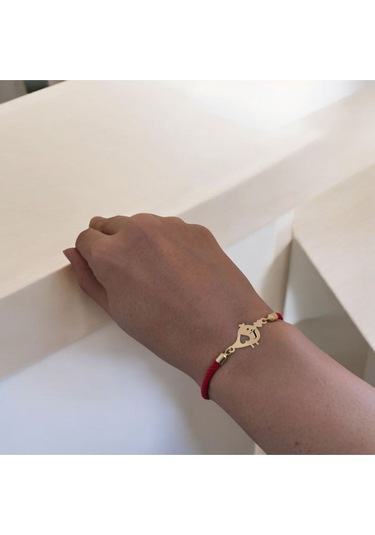 Archin İ Harfine Özel Kırmızı Örgülü 14 Ayar Altın Plakalı Minik Kuş Motifli Hediye Bileklik-363harf İ