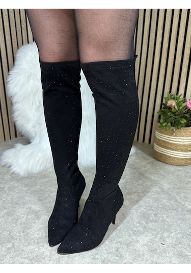 Günlük Kadın Taşlı İnce Yüksek Topuklu Sivri Burunlu Fermuarsız İnceltici Etkili Abiye Çizme 820 Siyah Taşlı