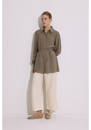 Modal Kemerli Gömlek Haki Haki