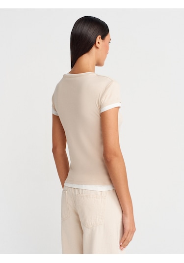 Dilvin 31783 Çift Katlı Düğmeli T-shirt-bej Bej