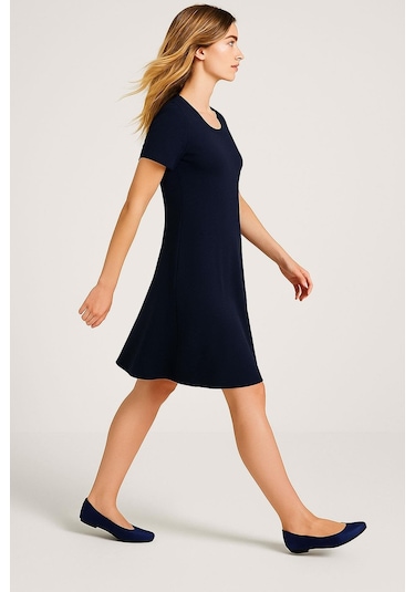 2 Adet Dökümlü Rahat Kalıp Günlük Penye Kumaş Elbise Koyu Lacivert