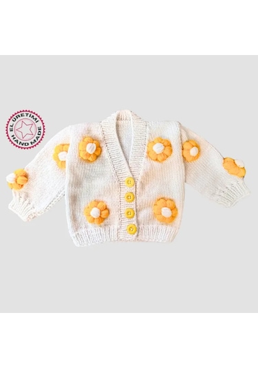 Uretti - Gülnur 2184 - El Örgüsü Sarı Çiçekli Kız Çocuk Hırka 5 Yaş - Beyaz Beyaz