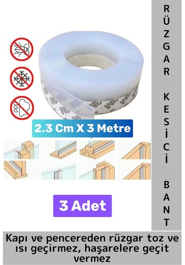 Premium Kapı Altı Pencere Rüzgar Toz Isı Böcek Haşere Önleyen Rüzgar Kesici Bant 3 Metre 3 Adet