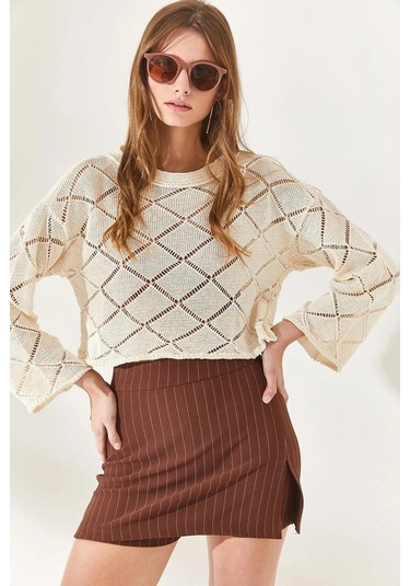 Alisse Kadın Kahverengi Çizgili Likralı Mini Yırtmaçlı Şort Etek Kahvrengi Çizgili Kahverengi