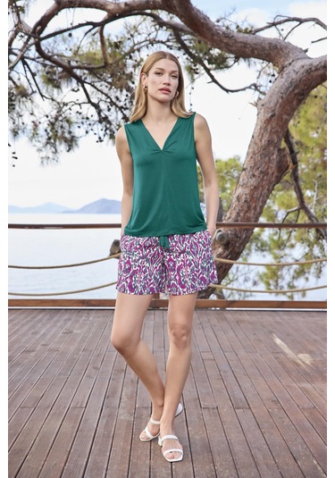 Monamise Kadın Desenli V Yaka Askılı Alt Üst Takım 25020 Yeşil