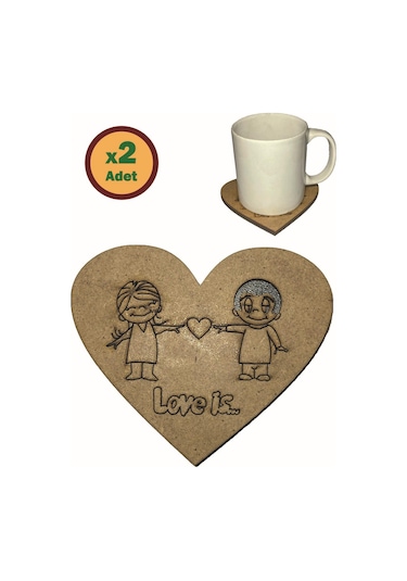 Kalpli Ahşap Bardak Altlığı 2 Lı Set Sevgililere Bardak Altlığı S Kahverengi