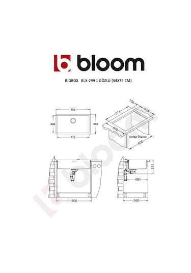 Bloom Bigbox 1 Gözlü Paslanmaz Çelik Eviye 44 x 75 CM
