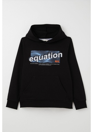 Breeze Erkek Çocuk Sweatshirt Yazı Baskılı Kanguru Cepli Kapüşonlu 8-14 Yaş, Siyah Siyah