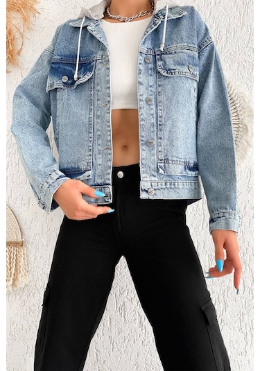 Kadın Çıkarılabilir Kapüşonlu Cepli Denim Ceket Astarsız & Çok Amaçlı Kullanım Mavi