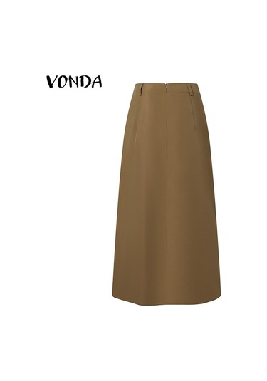 Vonda Kadın Cep A Etek Fermuar Düz Renk Uzun Yarım Etek Yeşil
