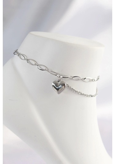 316l Çelik Gümüş Renk Kalp Tasarımlı Halhal Çok Renkli