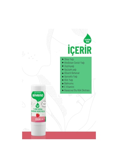Siveno %100 Doğal Dudak Koruyucu Çilek Bitkisel Lip Balm Dudak Kremi Nemlendirici Parlatıcı Onarıcı 6 G