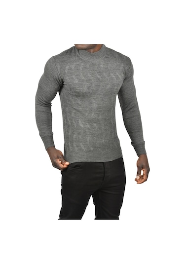 Deepsea Erkek Antrasit Dar Kesim Yarım Balıkçı Yaka Desenli Triko Yarım Boğazlı Kazak 2505505 Antrasit