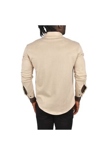 Deepsea Erkek Krem Likralı Çıtçıtlı Kırışmayan Süet Kumaş Slim Fit Cepsiz Mevsimlik Gömlek 2500556 False Krem