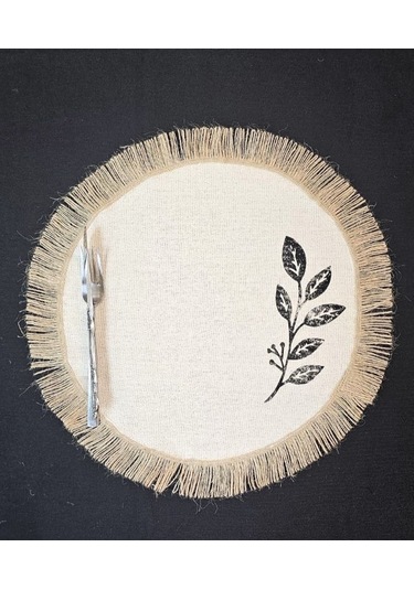 %100 Pamuklu Ham Keten Hasır Püsküllü Yaprak Taş Baskı 6' Lı Amerikan Servisi Supla Yuvarlak 40cm Naturel