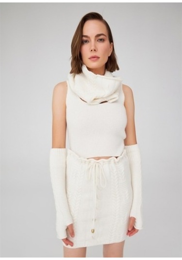 Peraluna Saç Örgü Desenli Kadın Triko Etek Ekru