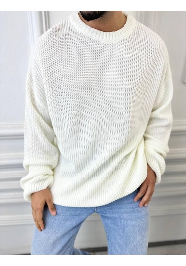 Kazak Oversize Çift Kat Örme Naturel Pamuk Bol Kesim Tüylenmeyen Salaş Triko Kazak Gri