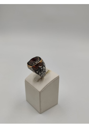 Kırmızı Taşlı Yuvarlak Kesim Erkek Yüzüğü 24 Mm 925 Ayar Gümüş Yü