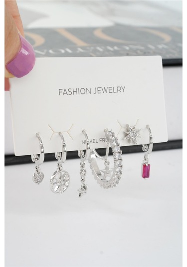 Kadın Vip Seri Mix Zirkon Taşlı 6'lı Küpe Seti - Gümüş