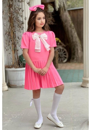 Riccotarz Kız Çocuk Göğsü Fiyonk Detaylı Eteği Pliseli Pembe Elbise 001